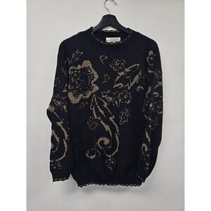 Vintage Ellend Sweater Womens Large Floral Knit Pullover Lurex Made USA 90s‎